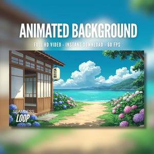 Könnte beinhalten: Animierter Hintergrund mit einem Gebäude im japanischen Stil, einer Laterne und einer Strandszene mit Blumen. Der Text auf dem Bild lautet "ANIMATED BACKGROUND" und "FULL HD VIDEO - INSTANT DOWNLOAD - 60 FPS". Der Text "SEAMLESS LOOP" ist ebenfalls enthalten.