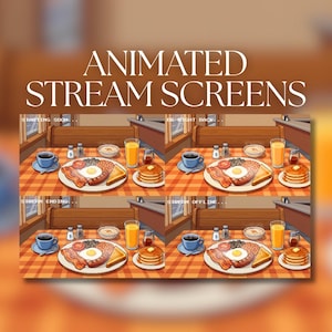 May include: Animated stream screens featuring a breakfast scene with eggs, bacon, toast, pancakes, and orange juice. The text includes "Starting Soon," "Be Right Back," "Stream Ending," and "Stream Offline." The background is a warm, inviting diner setting.