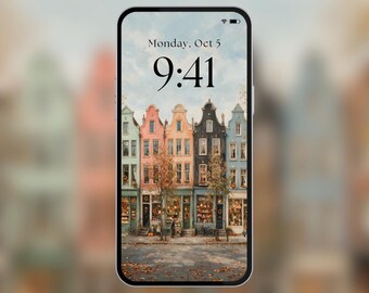 Phone Wallpaper | Colorful European Townhouses in Fall | Cozy City Street | Oil Painting | Digital Download | PW6