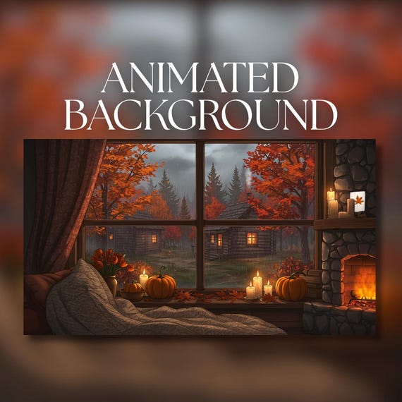 Animated Background | Cozy Autumn Cabin View with Rainy Window, Pumpkins & Fireplace | MP4 Digital Download for Streaming | AB184
