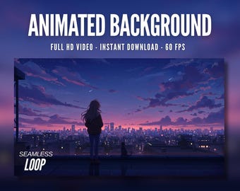 Animated Background | Rooftop Sunset City View | Girl & Cat | Chill Skyline Ambience | Twitch | Stream | Live Wallpaper | AB272