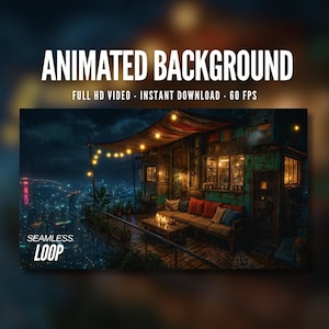 Animated Background | Rainy Rooftop Patio | Cozy Night City View | String Lights | MP4 Digital Download for Streaming | AB581