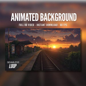 Könnte beinhalten: Animierter Hintergrund mit einem Bahnhof bei Sonnenuntergang. Der Text "ANIMATED BACKGROUND", "FULL HD VIDEO - INSTANT DOWNLOAD - 60 FPS" und "SEAMLESS LOOP" ist enthalten. Die Szene zeigt ein Bahngleis, einen Bahnsteig und einen leuchtend orangefarbenen Himmel.