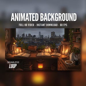 Animated Background | Rainy City Study Desk | Candles & Books | Cozy New York Apartment View | MP4 Digital Download for Streaming | AB622