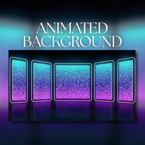 May include: An animated background design featuring five rectangular screens with a gradient of blue and purple dots. The screens are outlined in white, and the text "ANIMATED BACKGROUND" is at the top.