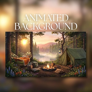 Puede incluir: Un fondo animado que muestra un campamento en el bosque con una tienda de campaña verde, una hamaca con una manta naranja, una fogata y una linterna colgada de un árbol. El texto "ANIMATED BACKGROUND" aparece en blanco en la parte superior.
