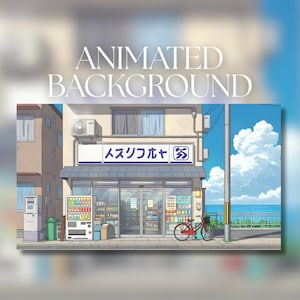 Peut inclure: Un arrière-plan animé représentant une supérette japonaise avec un vélo rouge garé devant. Le magasin a une porte vitrée et est rempli de produits. Le ciel est bleu avec des nuages blancs et duveteux, et l'océan est visible. Le texte sur l'image indique "ANIMATED BACKGROUND".