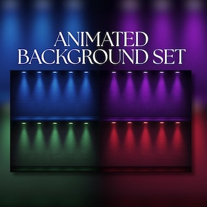 Könnte beinhalten: Ein animiertes Hintergrundset mit vier verschiedenen Farbschemata: Blau, Lila, Grün und Rot. Jeder Hintergrund zeigt eine Backsteinmauer, die von Scheinwerfern beleuchtet wird. Der Text "ANIMATED BACKGROUND SET" ist in Weiß dargestellt.