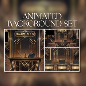 May include: An animated background set featuring a black and gold studio stage with geometric patterns. The text reads ANIMATED BACKGROUND SET, STARTING SOON, and QUIZ SHOW. The scene includes a podium, a microphone, and a tablet on a desk.