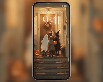 Phone Wallpaper | Vintage Halloween Trick or Treaters at the Door | Fall Cottage | Oil Painting | Digital Download | PW3