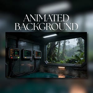 Op de afbeelding: Een futuristische interieurscène met de tekst "ANIMATED BACKGROUND". De afbeelding toont een kamer met drie computerschermen aan de muur en een groot raam met uitzicht op een regenwoud. De kamer heeft een turquoise vloer en een metalen muur.