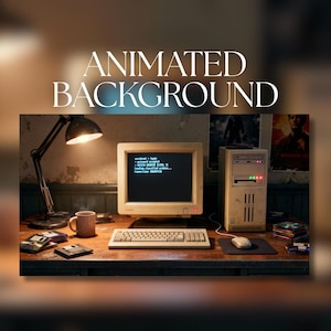 Arrière-plan animé | Configuration de bureau d'ordinateur rétro des années 90 | Scène de codage du moniteur CRT | Esthétique technique vintage | Téléchargement numérique | AB439