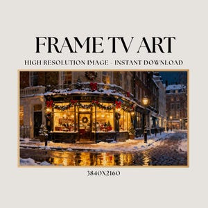 Frame TV Art | Snowy 1990s Christmas Cafe with Warm Festive Window Display | Vintage Cobblestone Street at Night | Digital Download | TV152