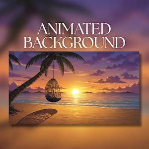 Animated Background | Tropical Beach Sunset with Palm Swing Chair | Calm Ocean Waves | MP4 Digital Download | AB71