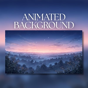 Può includere: Un'illustrazione digitale di un paesaggio boschivo al crepuscolo con il testo ANIMATED BACKGROUND centrato sopra. La scena mostra una fitta foresta nebbiosa sotto un cielo sfumato che passa dal blu intenso al rosa tenue.