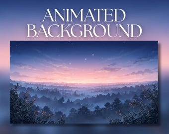 May include: A digital illustration of a forest landscape at twilight with the text ANIMATED BACKGROUND centered above. The scene features a dense, misty forest canopy under a gradient sky transitioning from deep blue to soft pink with stars.