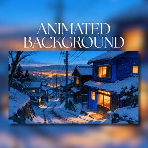 Può includere: Immagine di sfondo animata di un villaggio innevato al crepuscolo. L'immagine mostra case blu con finestre illuminate, una strada innevata e un paesaggio urbano distante con luci calde. Il testo in alto recita "ANIMATED BACKGROUND."
