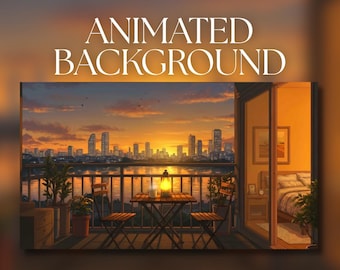 Animated Background | Sunset Balcony with City View | Warm Apartment Glow | Steaming Coffee | MP4 Digital Download for Streaming | AB398