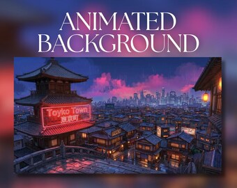 Animated Background | Neon Tokyo Skyline Over Traditional Rooftops | Rainy Evening Cityscape | MP4 Digital Download | AB19