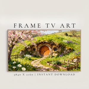 Frame TV Art | Cozy Fantasy Burrow Cottage with Round Wooden Door | Spring Blossom Hillside Landscape | Digital Download | TV354