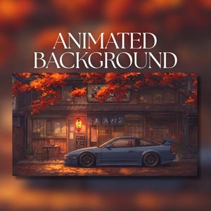 May include: A blue sports car parked in front of a building with a wooden facade, illuminated by a red lantern. The scene features autumn trees with orange leaves and the text ANIMATED BACKGROUND displayed in white at the top of the image.