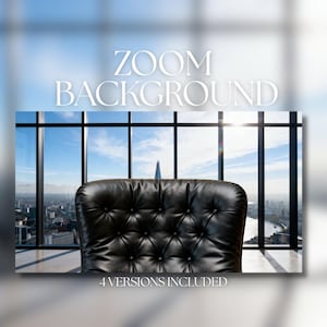 Puede incluir: Una silla de oficina de cuero negro con botones está centrada frente a una gran ventana. La ventana ofrece una vista de un paisaje urbano bajo un cielo azul brillante. Se muestran las palabras "ZOOM BACKGROUND" y "4 VERSIONS INCLUDED".