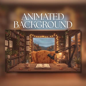 May include: An animated background featuring a cozy room with a wooden desk, an open book, a steaming mug, and a microphone on a boom arm. An orange armchair sits before a window framed by string lights, with bookshelves and plants nearby.
