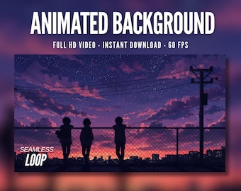 Fondo animado / Tres niños mirando las estrellas al atardecer / Valla en la azotea de la ciudad / Estrellas fugaces / Descarga digital MP4 para streaming / AB43