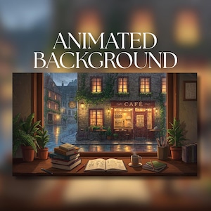 May include: An animated background featuring a view from a window overlooking a rainy street with a cafe. On the wooden windowsill, there is a stack of books, an open book with illustrations, a cup of coffee, a pencil, and two potted plants.