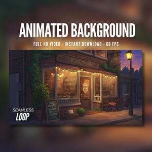 Puede incluir: Imagen de fondo animada de una acogedora librería, "Book Nook", al anochecer. La fachada está iluminada con luces cálidas y hay una bicicleta aparcada fuera. El texto incluye "Animated Background", "Full HD Video - Instant Download - 60 FPS" y "Seamless Loop".