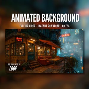 Animated Background | Cyberpunk Cafe Balcony | Neon City | Rainy Night | Futuristic Coffee Shop | MP4 Digital Download for Streaming | AB617