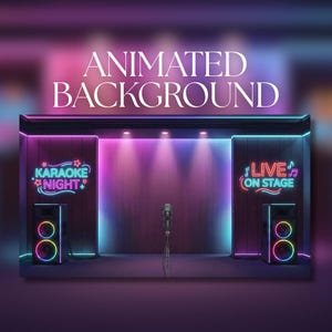 May include: An animated background image of a stage with neon lights. The stage has a microphone, speakers, and neon signs that read "Karaoke Night" and "Live on Stage". The background is a gradient of pink, purple, and blue.