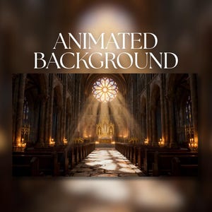 Animated Background | Gothic Cathedral Interior with Sunbeams Through Rose Window & Glowing Candlelit Aisles | MP4 Digital Download | AB461
