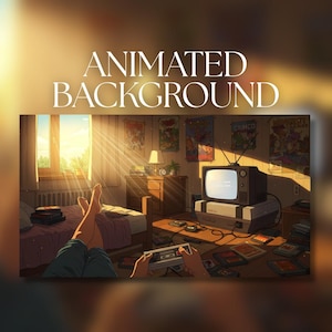 Könnte beinhalten: Animierter Hintergrund eines Retro-Schlafzimmers. Eine Person liegt auf einem Bett und hält einen Gamecontroller, mit einem Vintage-Fernseher und einer Spielkonsole im Raum. Der Text "ANIMATED BACKGROUND" steht oben.