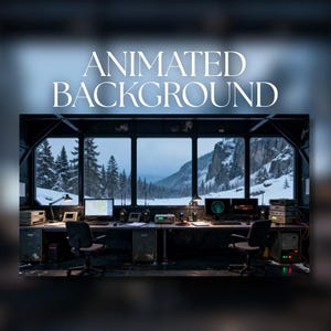 May include: An interior scene with the text "ANIMATED BACKGROUND" at the top. The image shows a control room with computers, monitors, and communication equipment. The windows offer a view of a snowy mountain landscape.