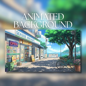 May include: An animated digital illustration of a Seaside Mini Mart storefront with a blue and white sign, an open neon sign, vending machines, a teal bicycle parked near a large tree, and a coastal view with blue water and a clear sky.