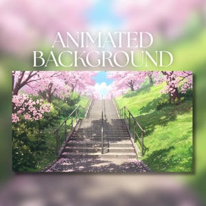 Op de afbeelding: Een geanimeerde digitale illustratie met een stenen trap die omhoog leidt, geflankeerd door felgroene grasheuvels en bloeiende roze kersenbomen onder een helderblauwe lucht. De tekst ANIMATED BACKGROUND staat erboven weergegeven.