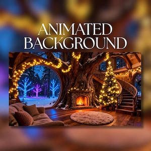 May include: An animated background image featuring a cozy, decorated interior with a Christmas tree, fireplace, and a view of a snowy forest. The text "ANIMATED BACKGROUND" is displayed at the top.