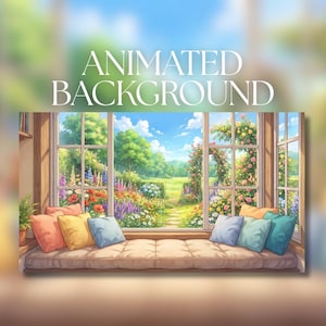 May include: An animated background featuring a window seat with a beige cushion and colorful pillows in shades of orange, yellow, and blue. The window overlooks a vibrant garden with blooming flowers, green trees, and a stone path under a blue sky.
