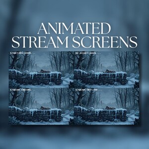 May include: A set of four digital stream screens featuring a snowy forest landscape with a stone wall, a sword, and a fallen figure. The text reads: STARTING SOON, BE RIGHT BACK, STREAM ENDING, and STREAM OFFLINE. The overall colour palette is blue.
