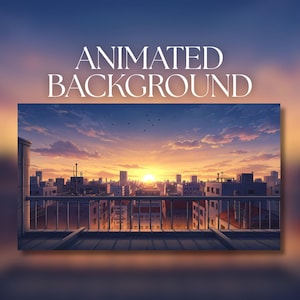 Sfondo animato / Tramonto sui tetti di una città anime Lofi con nuvole soffici e caldo bagliore serale / Download digitale MP4 / AB442
