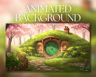 Fondo animado / Acogedora cabaña de fantasía con puerta redonda verde / Casa en la ladera con flores de primavera / Descarga digital MP4 / AB168