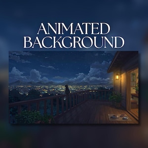アニメーション背景 | 平和なアニメ風バルコニーの夜景 | 星空の下、街の明かりを眺める猫 | MP4デジタルダウンロード | AB713