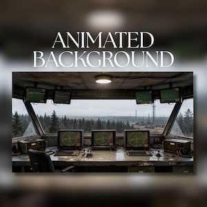 May include: An interior view of a control room with the text "ANIMATED BACKGROUND" at the top. The room features multiple computer screens displaying radar-like graphics, with a forest and overcast sky visible through the window.