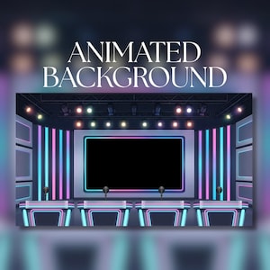 Puede incluir: Imagen de fondo animada de un escenario con una gran pantalla negra, micrófonos y luces de neón. El texto "ANIMATED BACKGROUND" se muestra en la parte superior. El escenario tiene un diseño moderno con una estética futurista, con colores vibrantes.