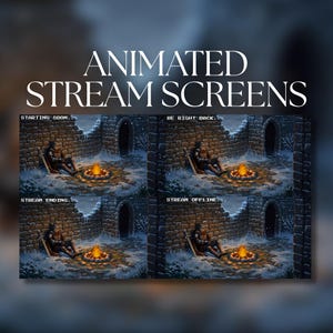 Op de afbeelding: Een set van vier geanimeerde stream-schermen met pixel art van een ridder die rust bij een kampvuur in een besneeuwde stenen ruïne. De schermen tonen de tekst: STARTING SOON, BE RIGHT BACK, STREAM ENDING en STREAM OFFLINE in een retro lettertype.