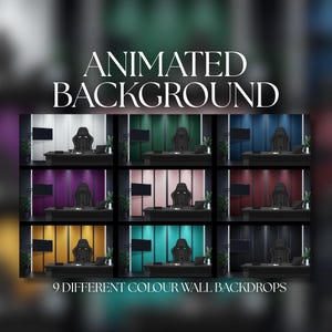 Könnte beinhalten: Neun verschiedenfarbige Wandhintergründe werden gezeigt, jeder mit Schreibtisch, Stuhl, Monitor und Pflanze. Der Text "ANIMATED BACKGROUND" steht oben, mit "9 DIFFERENT COLOUR WALL BACKDROPS" unten.