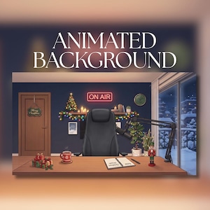 May include: An animated digital background featuring a desk with a black chair, a microphone on an arm, a notebook, a red mug, and gifts. The wall displays a neon ON AIR sign, a Christmas tree, and string lights, with a snowy window view.