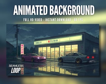 Animated Background | Rainy Night at Japanese Store | JDM Cars Idle | Midnight Stop | Twitch | Stream | Live Wallpaper | AB204