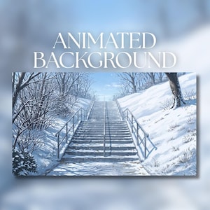 Puede incluir: Un fondo animado que muestra una amplia escalera de piedra cubierta de nieve ligera, flanqueada por árboles desnudos y laderas nevadas bajo un cielo azul despejado. El texto ANIMATED BACKGROUND aparece en letras mayúsculas blancas.